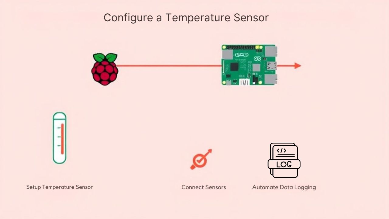 An infographic illustrating how to configure a simple temperature check workflow on an N8N server running on a Raspberry Pi.