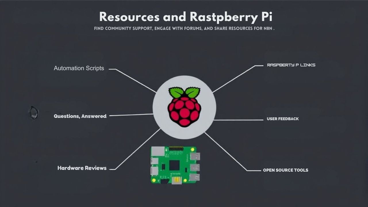 An infographic showcasing resources and community support for running an N8N server on a Raspberry Pi. Highlight essential links, forums, and tools available.