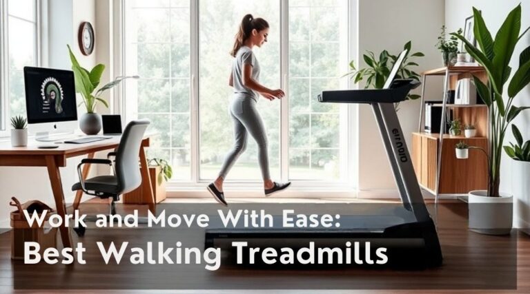 A realistic image of a modern home office featuring one of the best walking treadmills of 2025. The treadmill is stylish and seamlessly integrated into the workspace with ergonomic furniture and a laptop. Natural light floods the room, highlighting the productivity and health benefits of walking while working
