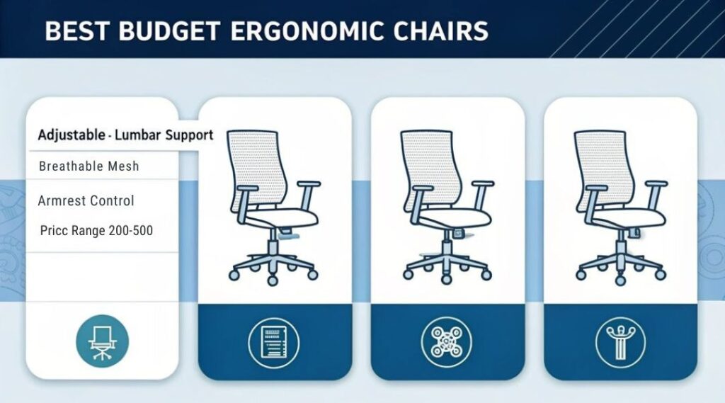 An infographic showing one item for ergonomic home office furniture. 4 ergonomic office chairs under $500, arranged in a modern grid layout with minimalist icons. Each chair features a simple line illustration, price tag, and key comfort features. Use a clean blue and white color scheme with subtle grey accents.