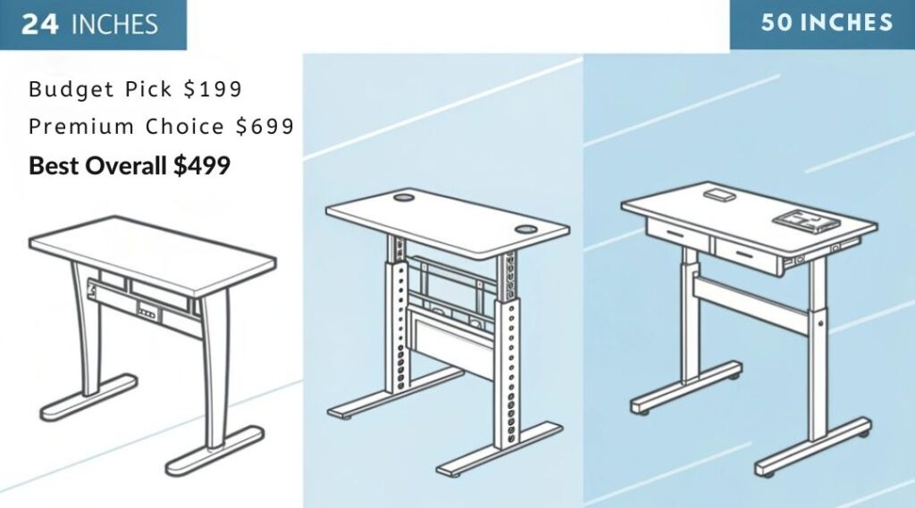 An infographic displaying three adjustable standing desk solutions with minimalist line art illustrations, showing height ranges and key features. Use a soft blue and grey color scheme with clean typography. Include pricing tiers represented by dollar symbols.