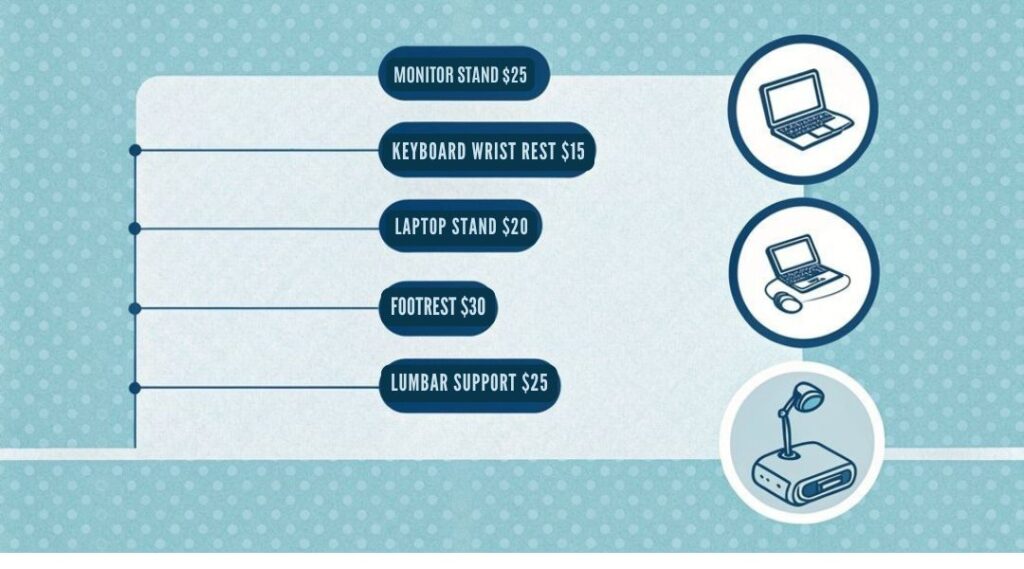 :An infographic showing 5 budget-friendly ergonomic accessories against a light blue background, using simple icons and minimal design. Each item features a price range ($10-50) and basic illustration in navy and white. Items arranged in a vertical column with connecting dots.