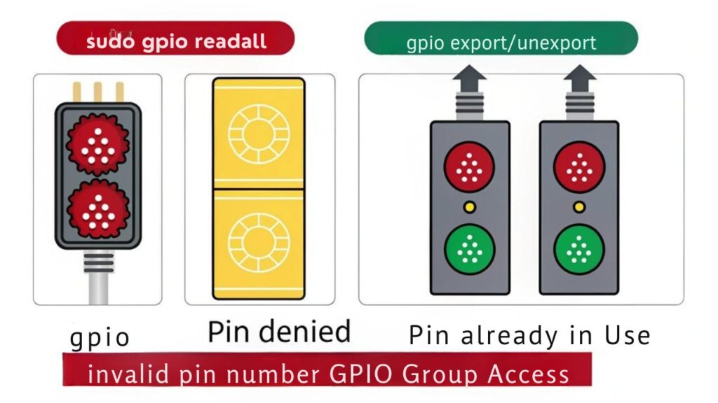 :An infographic showing 4 common GPIO pin access errors on Raspberry Pi and their solutions, using simple icons and a traffic light color scheme (red for errors, yellow for warnings, green for solutions).
