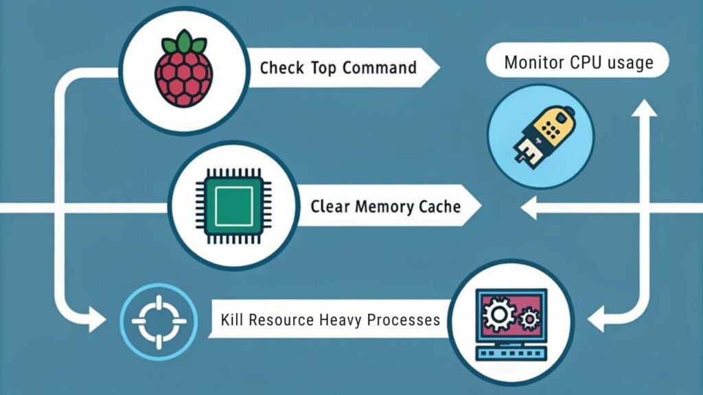 An infographic showing 4 visual steps for resolving Raspberry Pi memory and CPU resource conflicts, using simplified icons for RAM, processor, terminal commands, and system monitoring tools against a blue background with white connecting arrows. 