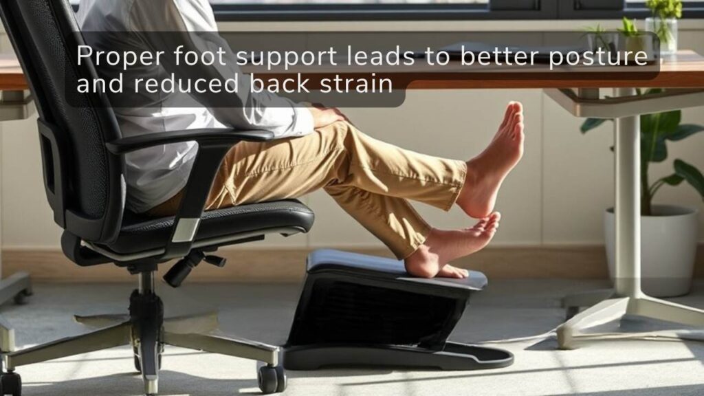 A realistic image showing the benefits of an ergonomic footrest. A person sitting at an office desk with perfect posture, their feet resting comfortably on an ergonomic footrest. Natural lighting highlights their aligned spine and relaxed shoulders. The footrest features a textured surface and adjustable height settings.