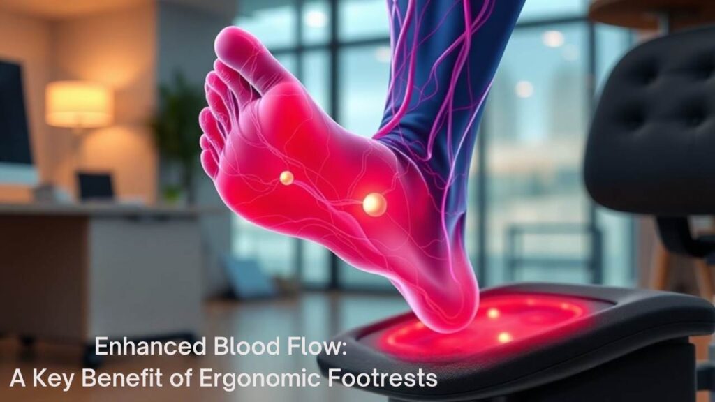 A realistic image showing blood vessels and arteries glowing red through semi-transparent feet propped on an ergonomic footrest, with visible circulation patterns flowing smoothly. Professional office setting, warm lighting, focusing on improved blood flow in legs and feet. Medical-style visualization, 8K detail, photorealistic rendering. 