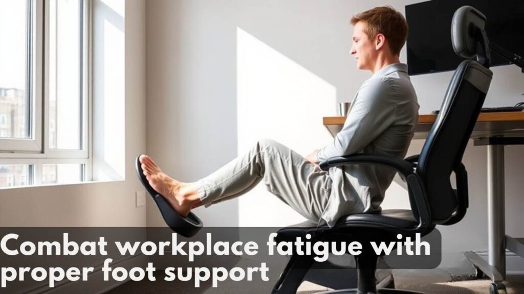 A realistic image of an office worker using an ergonomic footrest under their desk, showing visible relief in their posture and facial expression. Natural lighting from a nearby window illuminates their relaxed shoulders and aligned spine. The footrest features cushioned support and adjustable height settings.