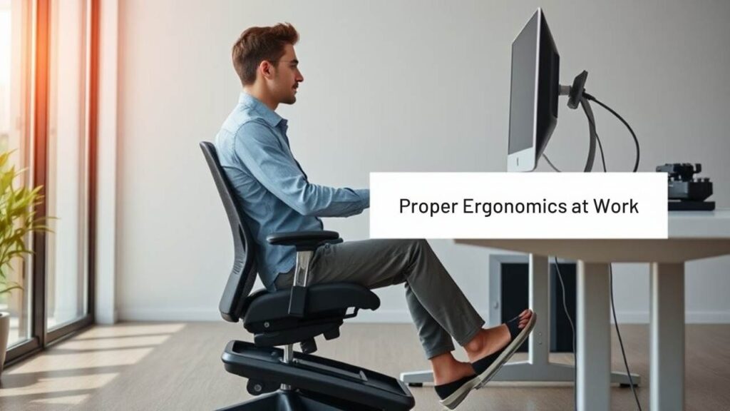 A realistic image showing a professional office worker sitting at an ergonomic desk setup, using a footrest under their desk. Natural lighting, modern office environment. The person displays good posture, looking comfortable and focused while working on their computer.