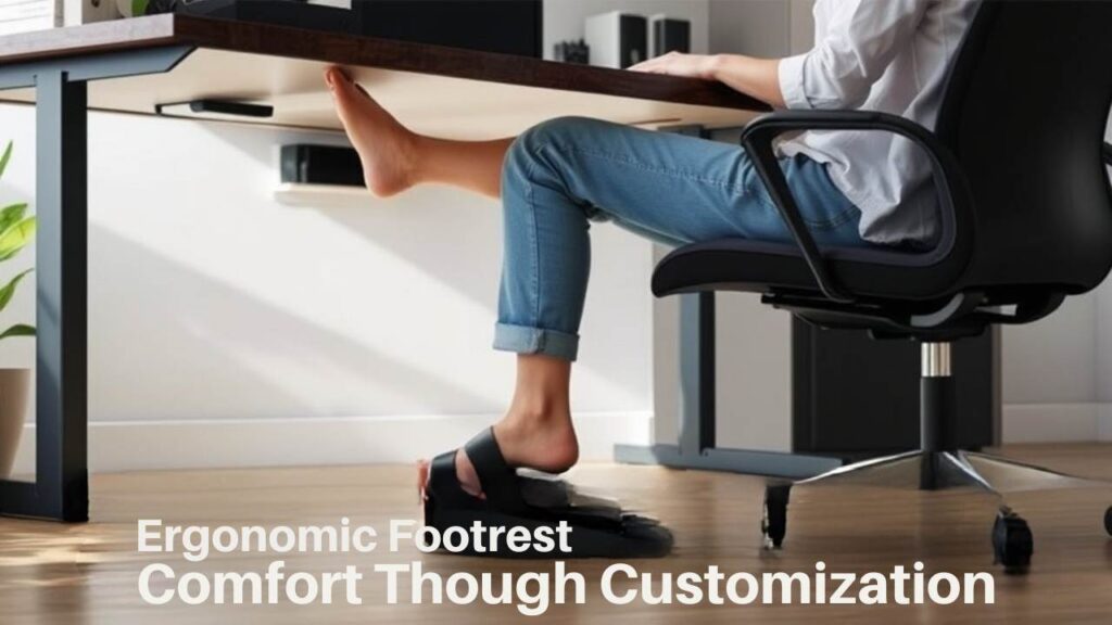 A realistic image of a modern office worker comfortably using an adjustable footrest under their desk, featuring height-tilt customization and soft cushioning. Natural lighting illuminates the ergonomic setup, showing proper posture and leg positioning at a 90-degree angle.