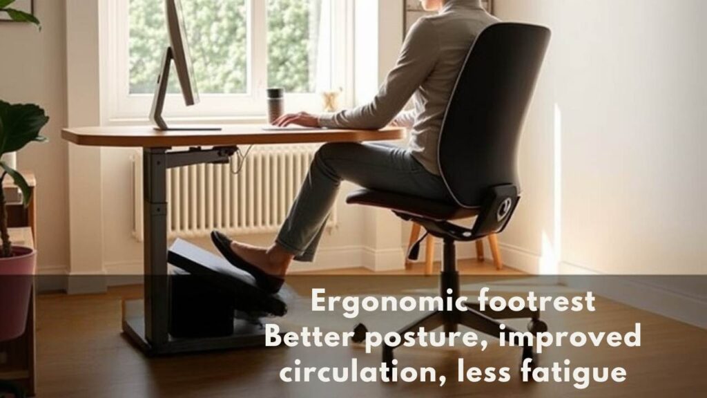 A realistic image of a person working at an ergonomic desk setup, using a footrest with proper posture. Natural lighting illuminates the scene, showing reduced leg strain and comfortable positioning. The person appears relaxed and focused while working on their computer.