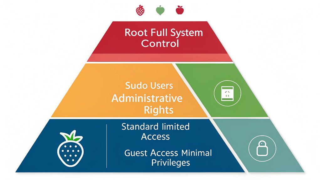 An infographic displaying four key levels of user permissions in Raspberry Pi security, using a hierarchical pyramid design with contrasting colors. Root access shown at top in red, sudo users in orange, standard users in green, and guest access in blue. Lock icons indicate security strength. Understanding this is important in securing your raspberry pi