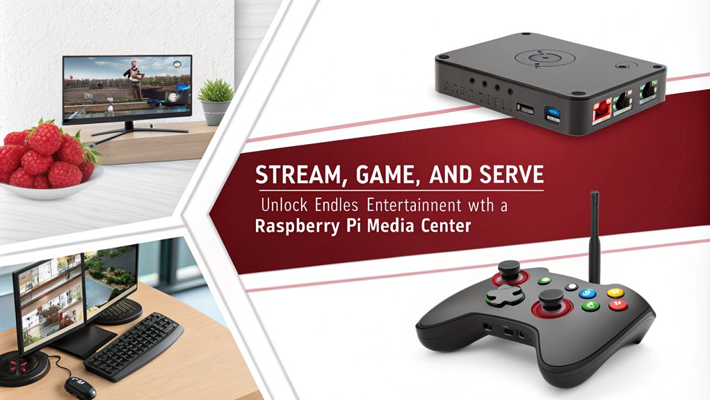 An infographic showcasing the versatility and performance of a Raspberry Pi Media Center. Highlight its ability to stream, play games, and serve as a home server.  The only text in the image is as follows: "Stream, game, and serve: Unlock endless entertainment with a Raspberry Pi Media Center."
