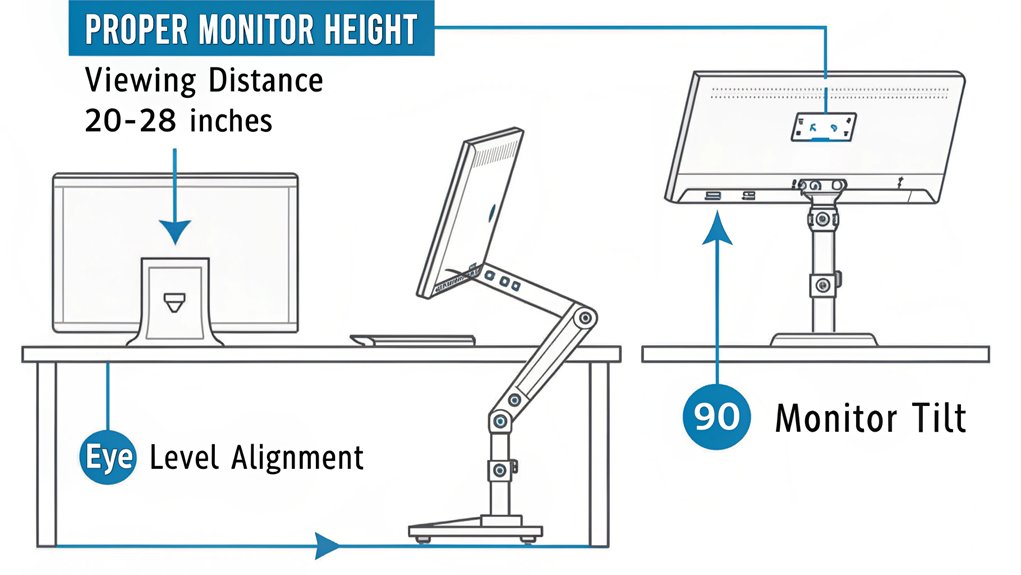 An infographic showing monitor arms and screen positioning equipment for home offices, using minimalist line drawings. Features 3 different monitor arm types: single-arm, dual-arm, and laptop riser. Include arrows indicating height adjustment range and rotation angles in blue.