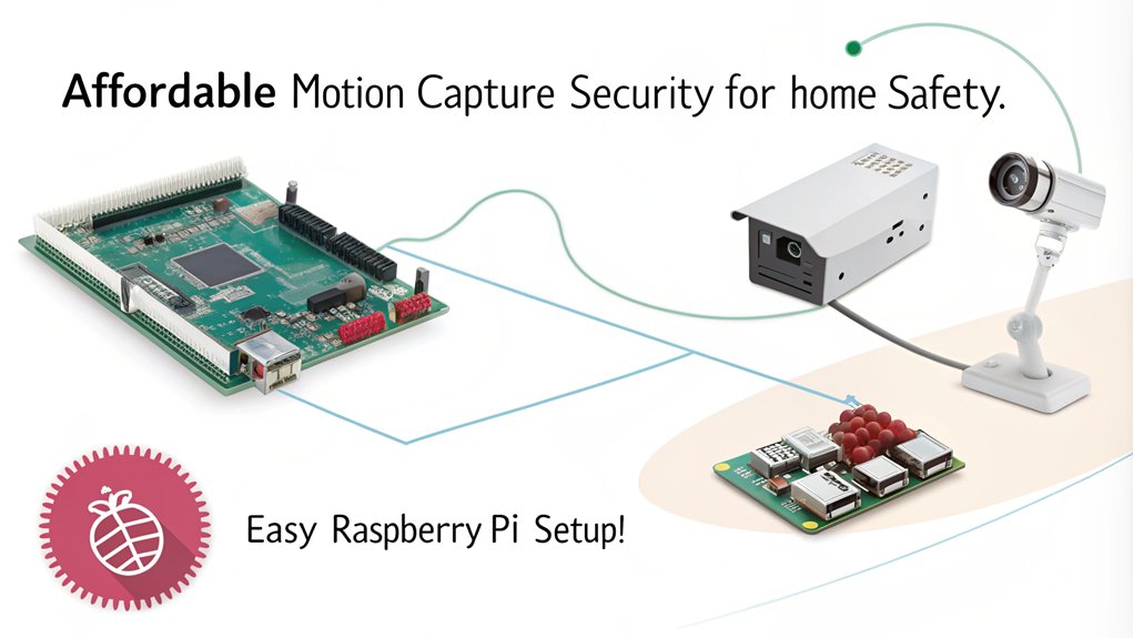 An infographic showcasing a Motion Capture Security System as a top budget-friendly Raspberry Pi project. Highlight its features, benefits, and setup process