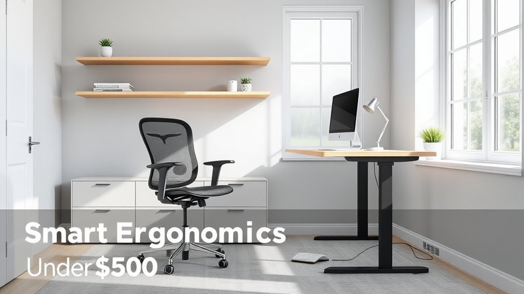 A realistic image showing a contemporary home office with affordable ergonomic furniture, featuring a sleek adjustable mesh chair, a height-adjustable desk in light wood, floating shelves, and natural lighting through large windows. Clean minimalist design with gray and white color scheme. Modern cable management solutions visible.