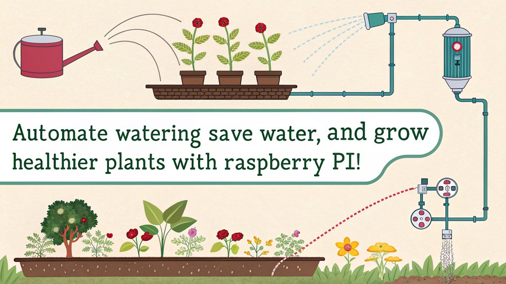 An infographic showcasing how to build an automated garden irrigation system as a Raspberry Pi home automation project. Highlight the essential components, setup steps, and benefits for beginners.