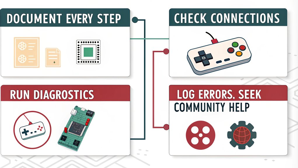 An infographic about "Document and Troubleshoot Your Build" in the context of tips for building retro gaming consoles with Raspberry Pi.