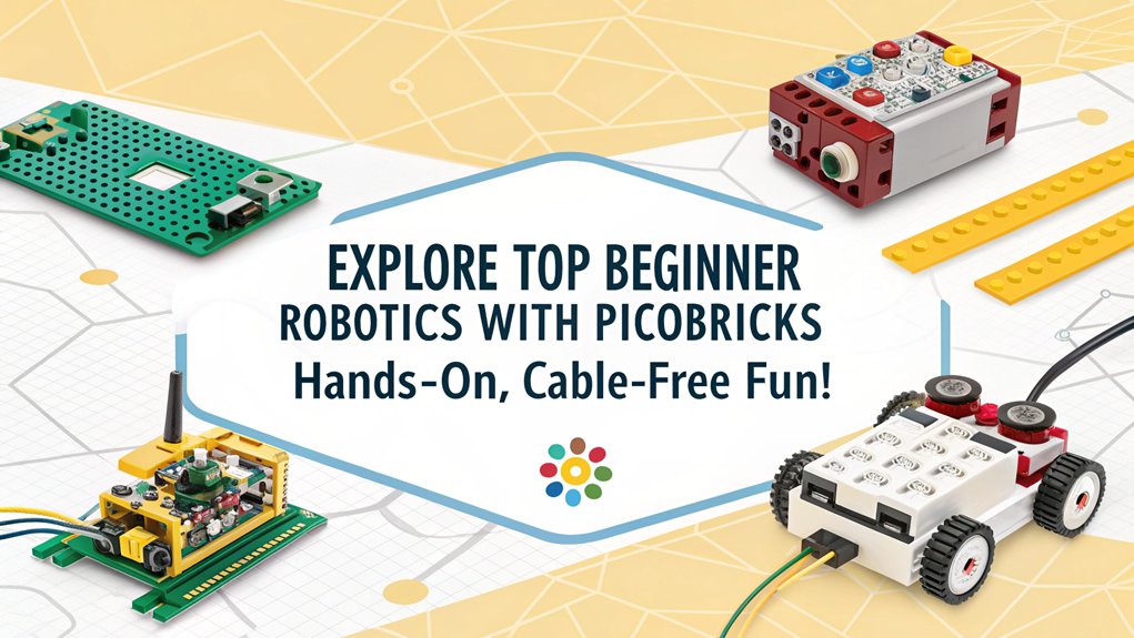 An infographic showcasing PicoBricks Raspberry Pi STEM Project Kits for beginners in robotics. Highlight cable-free learning and creative projects.