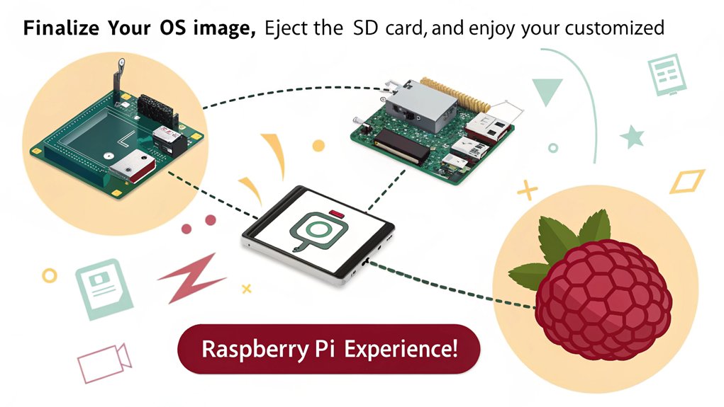 An infographic showcasing the Final Steps in creating a custom OS image with Raspberry Pi Imager. Highlight key actions and tips for a successful completion