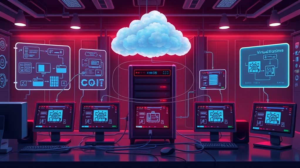 a high-tech workspace with multiple mini PCs connected to a sleek server, displaying visual diagrams of virtual machines, cables intertwining, glowing screens with virtualization software, and a virtual cloud overhead bringing it all together. This shows what virtualizing mini pcs can do
