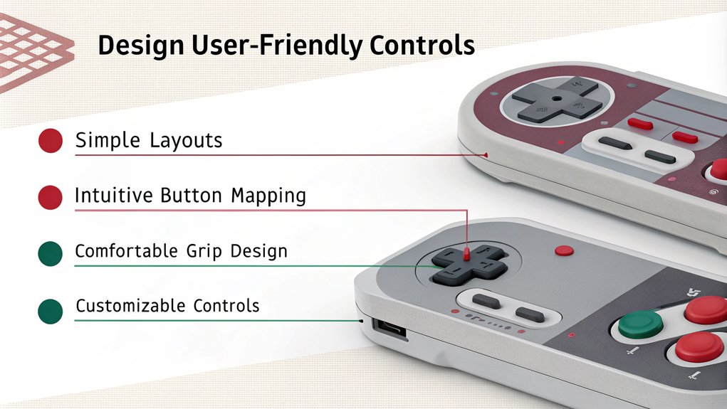 An infographic on "Design User-Friendly Controls" in the context of tips for building retro gaming consoles with Raspberry Pi.