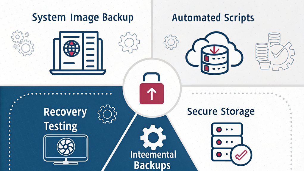 An infographic using icons and visuals to explain Raspberry Pi backup and recovery strategies, featuring four connected sections: system imaging, automated backups, recovery procedures, and secure storage locations. Use blue and white color scheme with technical symbols.