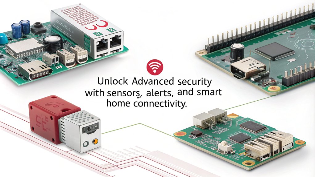 An infographic showcasing additional features for Raspberry Pi home security projects. Highlight unique integrations, sensor options, and software enhancements. s