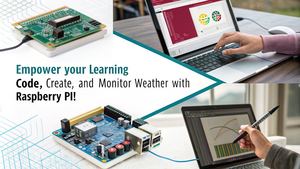 An infographic showcasing Learning and Skill Development through Raspberry Pi for Weather Monitoring Projects. Highlight benefits like hands-on coding, electronics skills, and data analysis.