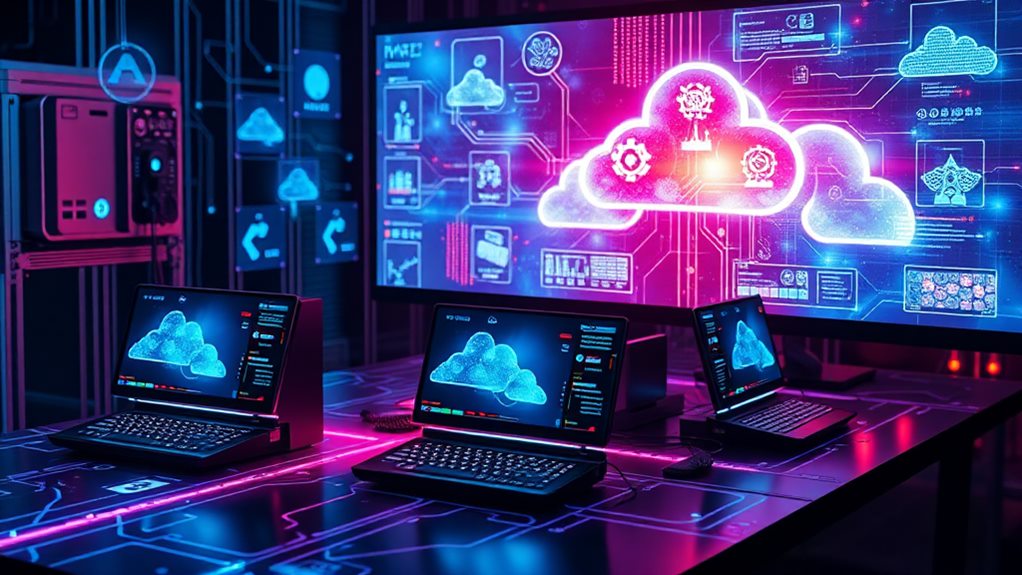 :A futuristic workspace with sleek mini PCs connected to vibrant, holographic displays depicting virtual environments, cloud networks, and digital connections, surrounded by dynamic data streams and glowing circuit patterns representing advanced virtualization technology.