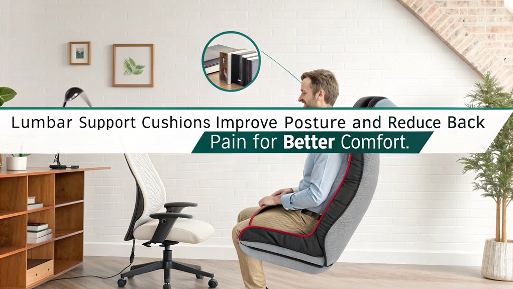 An infographic showcasing the benefits of lumbar support cushions within ergonomic furniture for back pain relief. Emphasize enhanced comfort and proper posture.