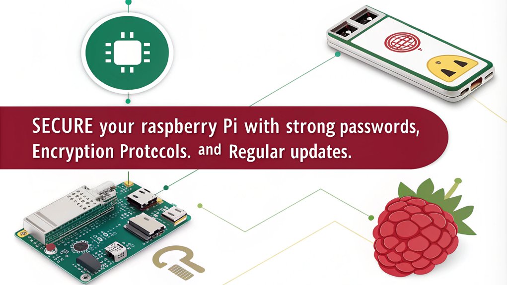 An infographic showcasing how to implement security and encryption in a Raspberry Pi home security system. Highlight key steps, tools, and best practices.
