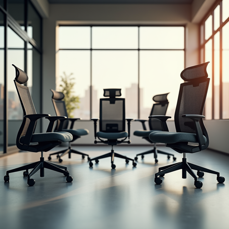 rofessional photography of 5 high-end ergonomic office chairs in a modern office setting with natural lighting