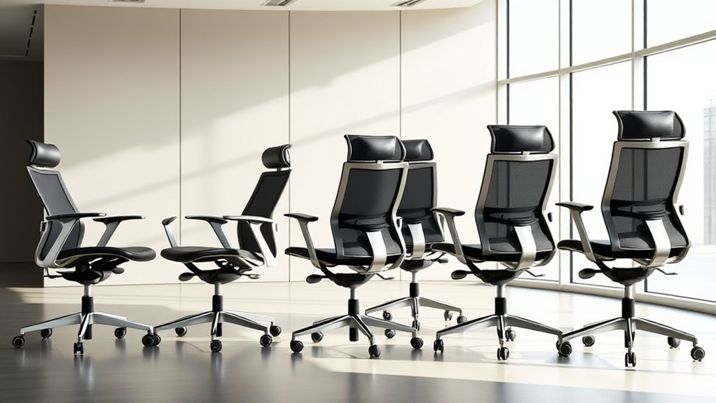 A group of ergonomic chairs, symbolizing the factors when choosing ergonomic office chairs with lumbar support