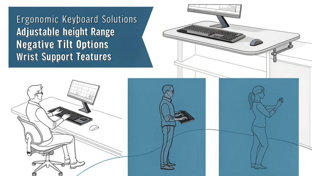 :An infographic showing 3 keyboard trays and 3 mouse platforms with adjustable angles, heights, and wrist rests. Use a minimalist design style with cool blue and gray tones. Include simple line drawings demonstrating proper wrist positioning and negative tilt angles.