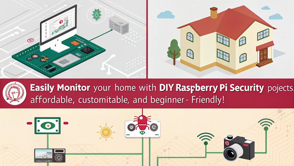 An infographic showcasing "Setting Up a Security and Surveillance Network" with a Raspberry Pi home automation project.