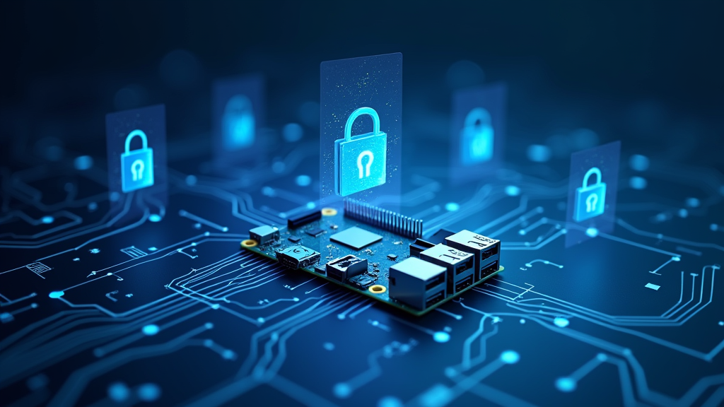 Conceptual image of a secure workspace with Raspberry Pi 5, featuring holographic security shields, digital locks, and flowing data streams, clean modern aesthetic, blue color scheme 