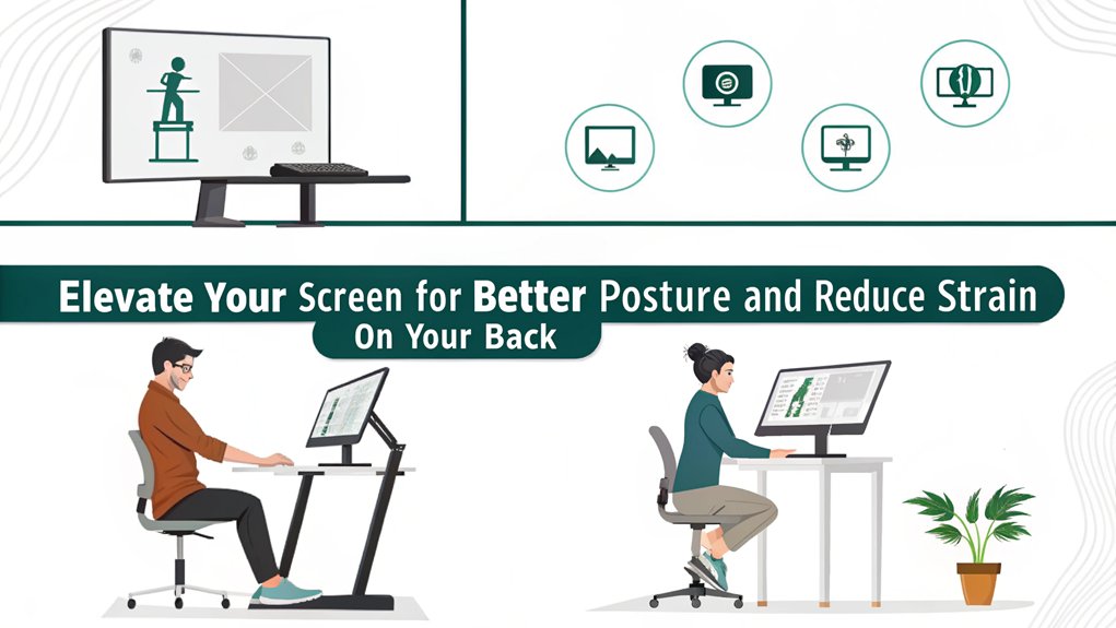 An infographic showcasing the benefits of sit-stand desks for as one of the ergonomic furniture for back pain relief. Highlight ergonomic features that encourage movement and comfort at work.