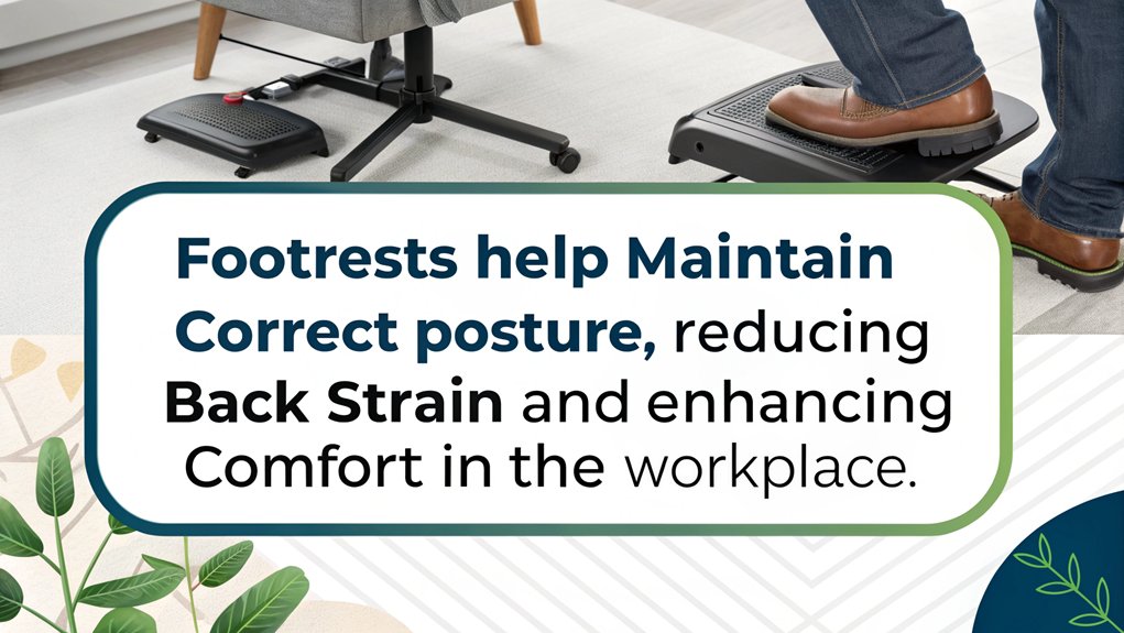An infographic showcasing footrests as a key element in ensuring proper posture for back pain relief. Highlight ergonomic furniture features and benefits