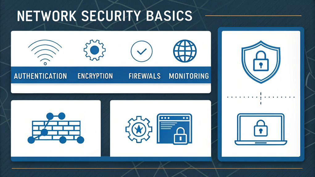 An infographic using modern flat design showing 4 core network security concepts that you can learn from ethical hacking with a raspberry pi: authentication, encryption, firewalls, and monitoring - with simple icons in blue and white. .
