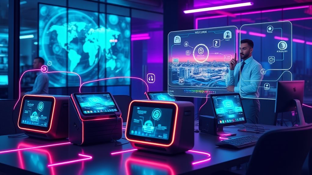 A futuristic office scene showcasing sleek mini PCs with vibrant neon accents, interconnected by glowing digital lines, displaying secure virtual environments, while a confident IT manager oversees the virtual landscape on a holographic screen.
