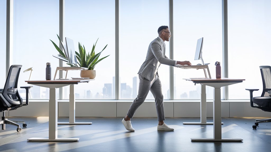 A person in a workspace with a standing desk looking energetic