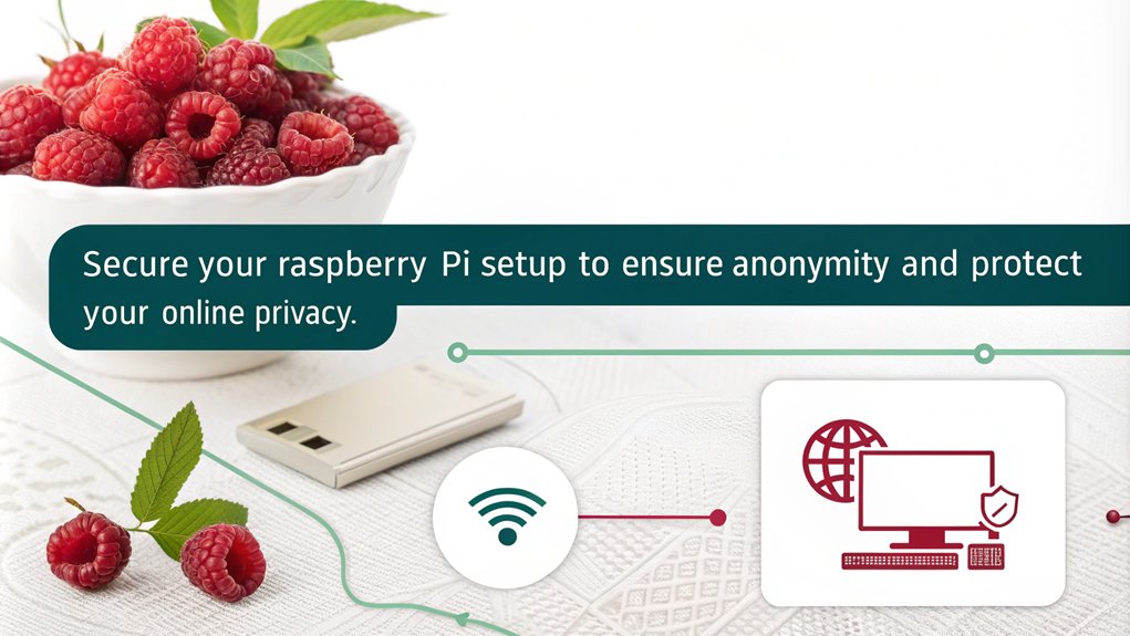 An infographic showcasing Enhancing Security Measures for a Raspberry Pi Tor Proxy. Highlight secure setup practices, maintenance tips, and benefits of anonymous browsing