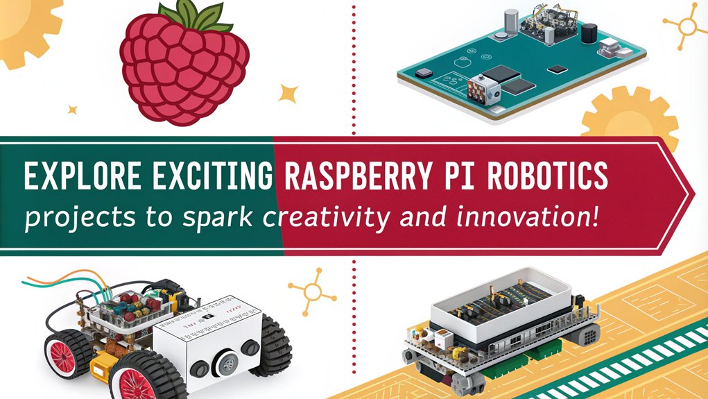 An infographic showcasing engaging robotics creations using Raspberry Pi for tech enthusiasts. Highlight innovative projects, essential components, and coding tips. The only text in the image is as follows: "Explore exciting Raspberry Pi robotics projects to spark creativity and innovation!"