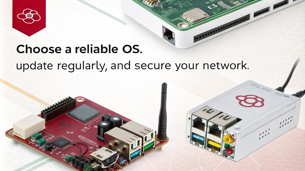 An infographic showcasing tips for setting up the operating system for Raspberry Pi home security projects. Highlight essential software, configuration steps, and security measures.