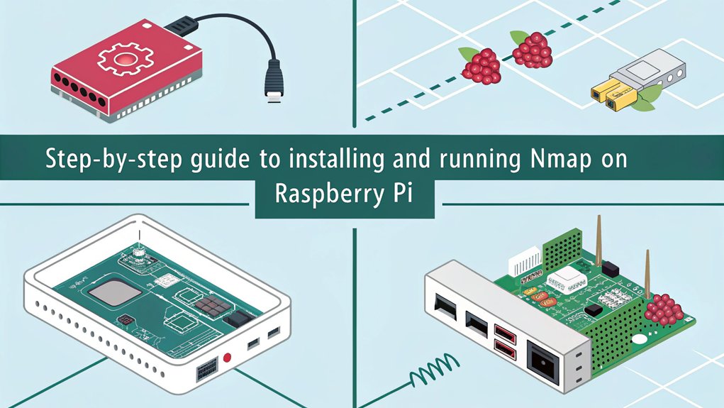 An infographic detailing the steps to install Nmap on the Raspberry Pi. Include visuals of command line inputs and installation processes.