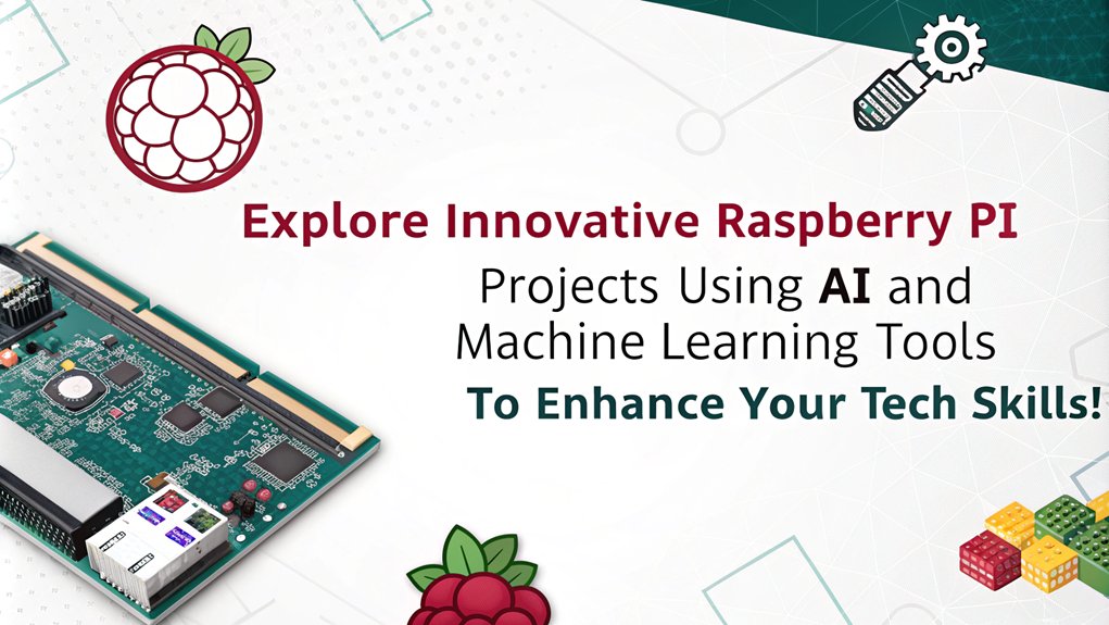 An infographic showcasing AI and Machine Learning tools for the best Raspberry Pi projects for tech enthusiasts. Highlight popular projects, tools, and their applications. The only text in the image is as follows: "Explore innovative Raspberry Pi projects using AI and Machine Learning tools to enhance your tech skills!"
