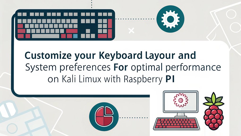 An infographic showcasing the essential steps for customizing keyboard and system settings during the installation and running of Kali Linux on the Raspberry Pi.