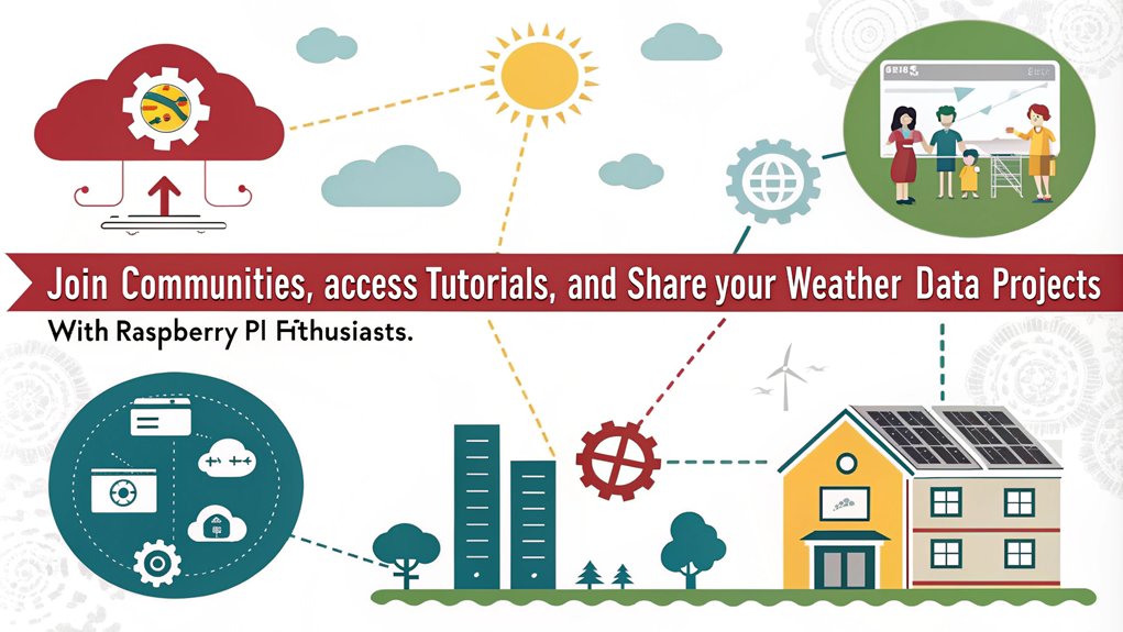 An infographic highlighting community support and resources for Raspberry Pi weather monitoring projects. Emphasize collaboration, online forums, and educational resources.