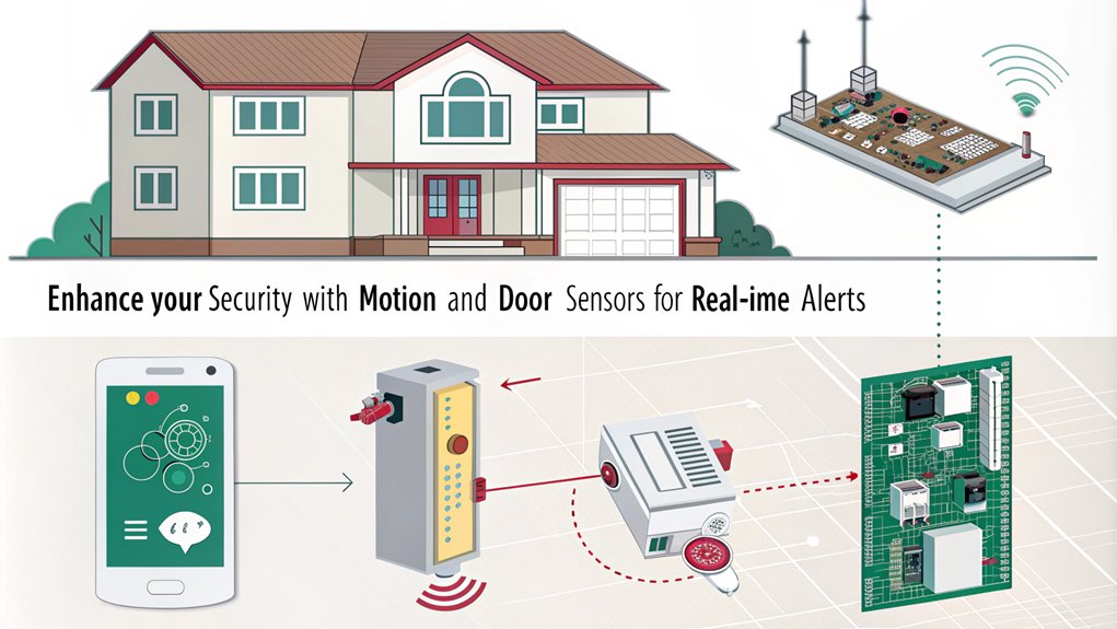 An infographic showcasing the integration of motion and door sensors in a DIY Raspberry Pi home security system. Highlight setup, wiring, and functionality.