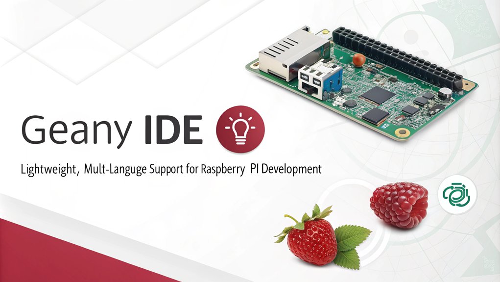 An infographic about Geany IDE for multi-language support in the context of best IDEs for Raspberry Pi development.
